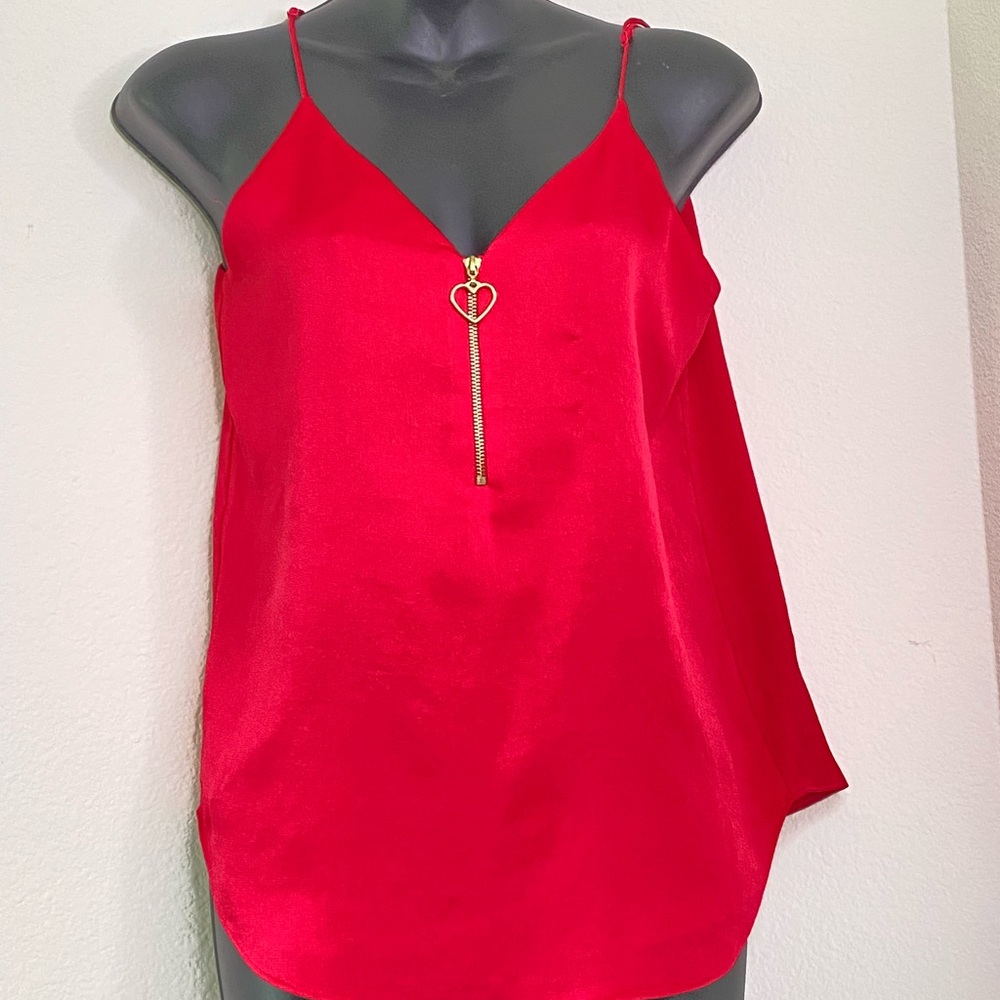 Express Hot pink satin tank with gold heart shaped zipper front XS